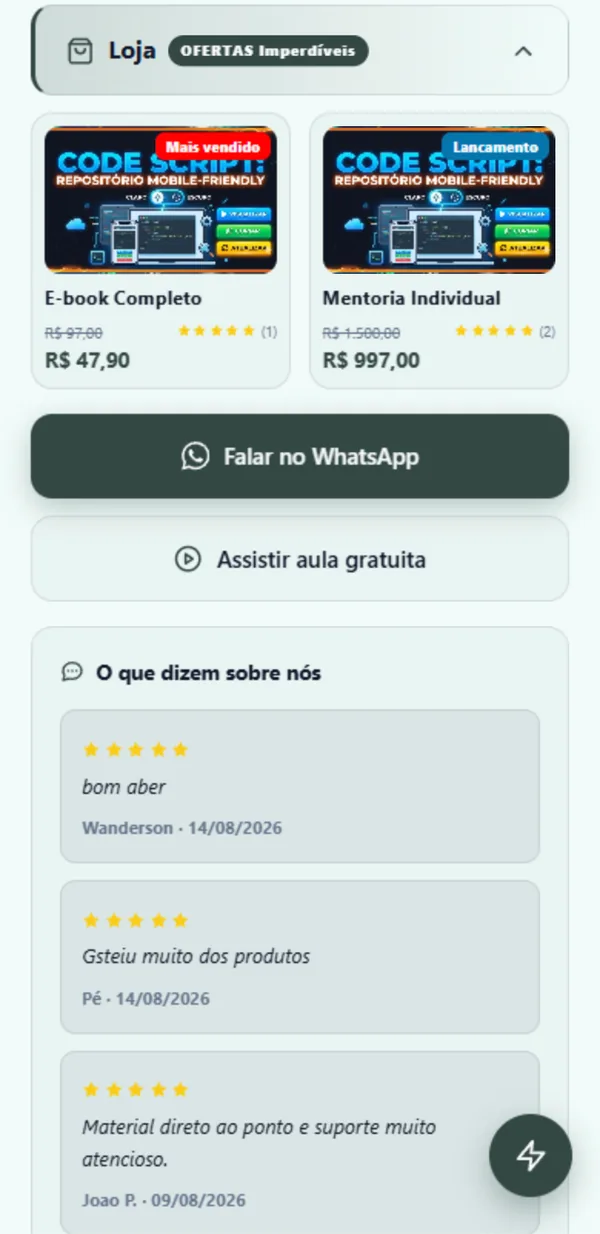 Loja do Biolink PWA com dois produtos, etiquetas Mais vendido e Lançamento, preços riscados e avaliações de clientes