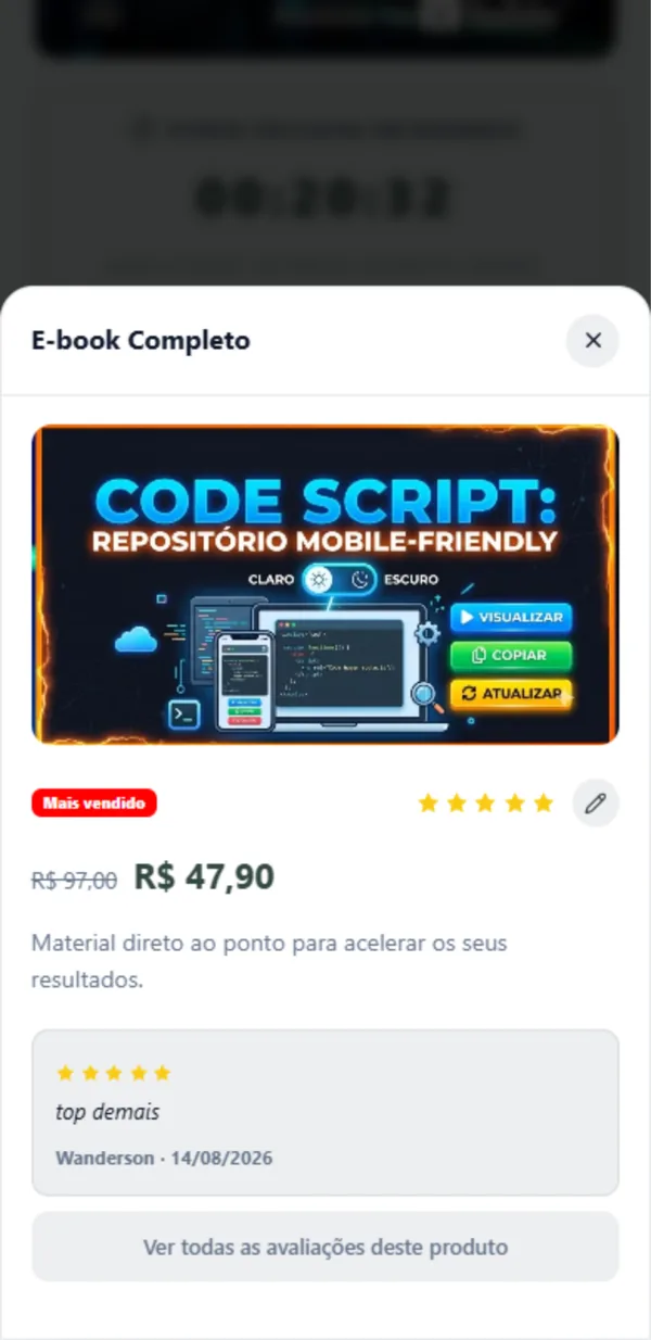 Produto aberto no Biolink PWA: imagem, etiqueta Mais vendido, preço de R$ 97,00 riscado por R$ 47,90 e avaliação 5 estrelas