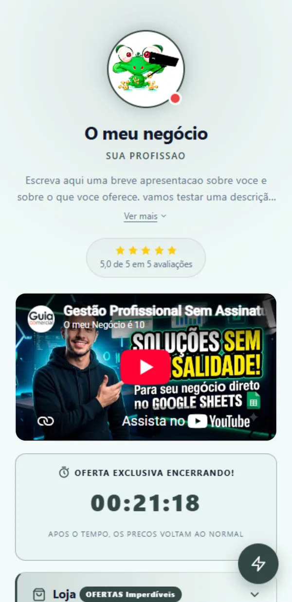 Biolink PWA no celular: foto de perfil, nota 5 estrelas, vídeo de apresentação e o contador Oferta exclusiva encerrando